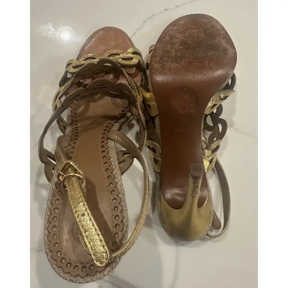 TORY BURCH Gold Cutout Laser Cut Leather Heel- 9.5M